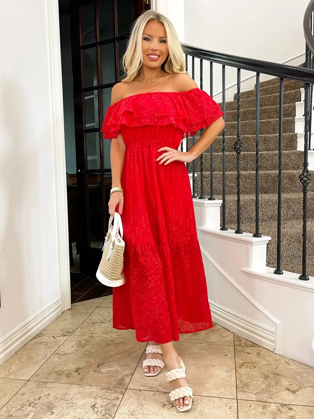 Sofia Vergara Off shoulder Ruffle neck maxi dress